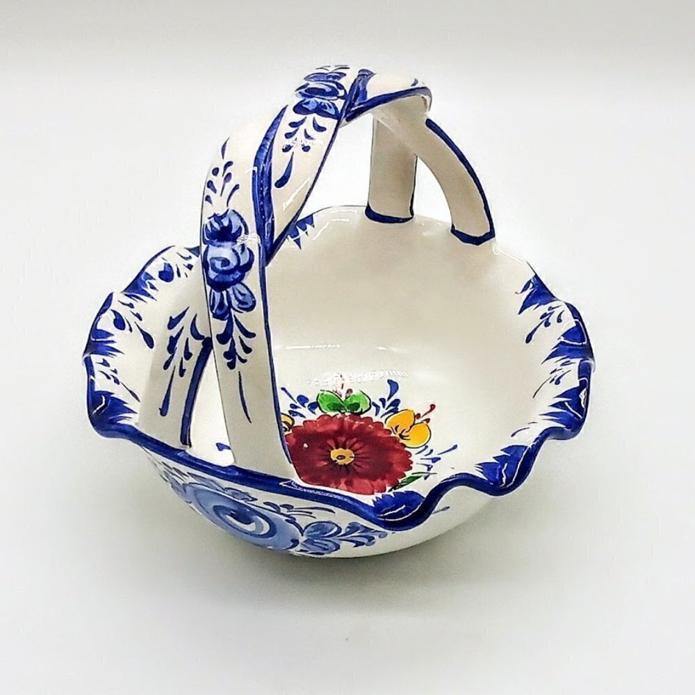 Vintage Hand-Painted Vestal Portugal Alcobaca Pottery Basket